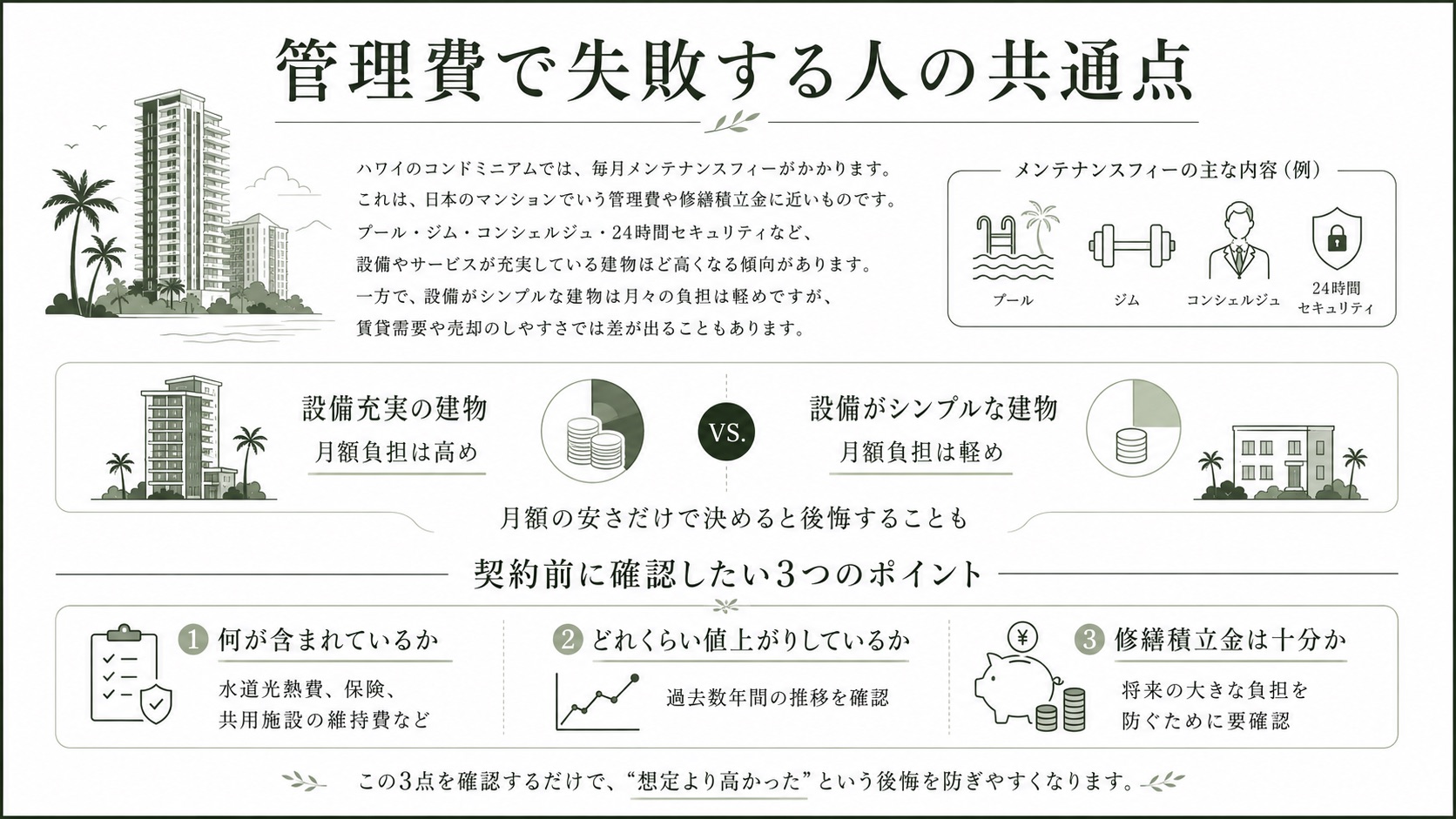 ハワイのコンドミニアムの管理費で失敗しないための確認ポイント